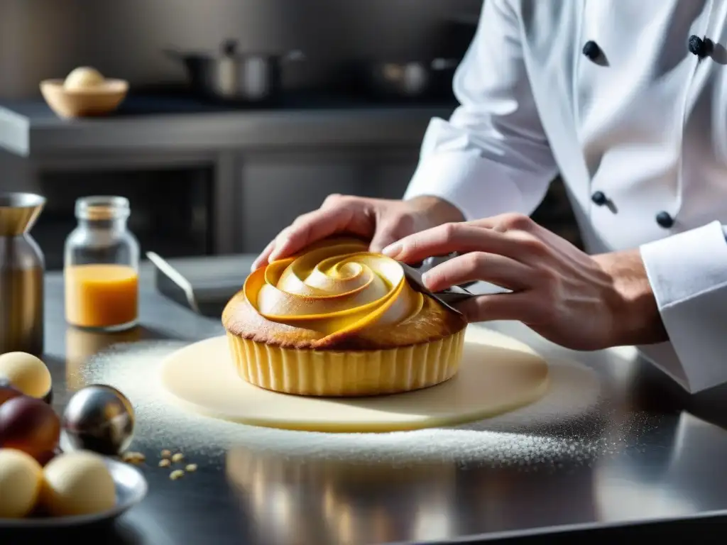 Chef creando una delicada pastelería francesa, destacando la precisión y arte en innovaciones culinarias en gastronomía francesa