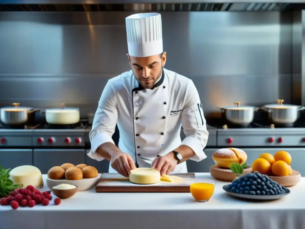 Un chef francés crea una delicada pastelería innovadora en una cocina moderna, rodeado de ingredientes tradicionales