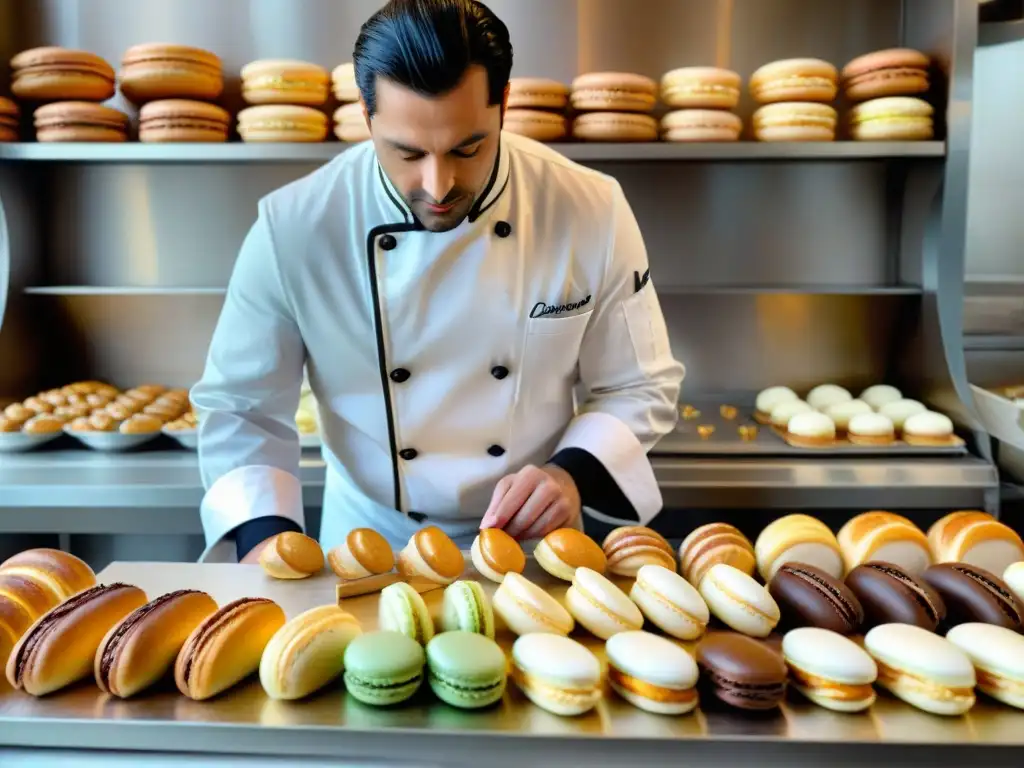 Un chef de pastelería francés crea delicadas decoraciones en un éclair en una pastelería parisina