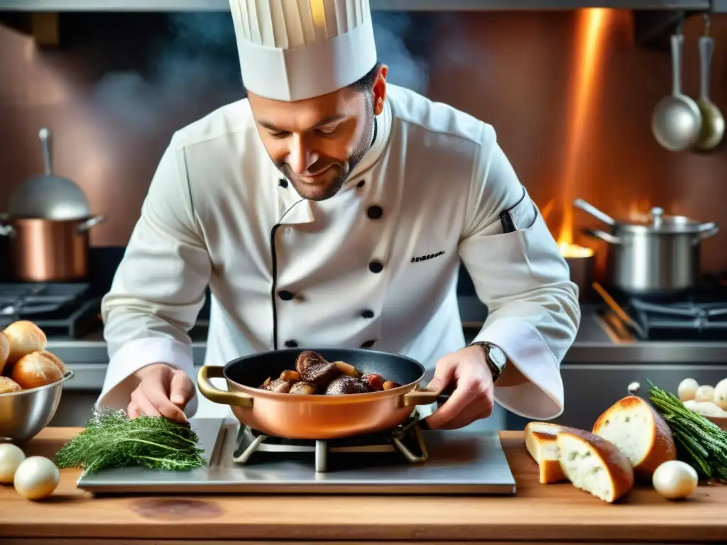 Un chef francés prepara con delicadeza un coq au vin en una cocina parisina