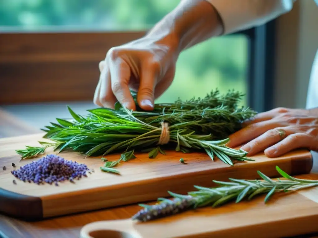 Un chef coloca con delicadeza especias clave de la cocina francesa en una tabla de cortar de madera