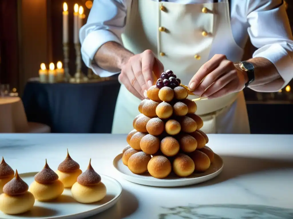 Un chef francés ensambla con delicadeza un croquembouche en un evento exclusivo en un chateau de la campiña francesa