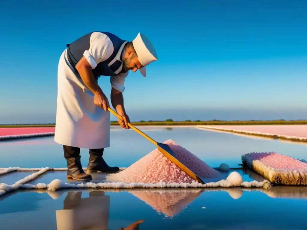 Un chef francés recoge con delicadeza Flor de Sal en salinas de la región de Camarga al atardecer, mostrando la autenticidad de la cocina francesa