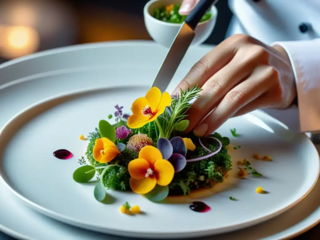 Un chef coloca con delicadeza flores comestibles y microgreens en un plato de alta cocina francesa