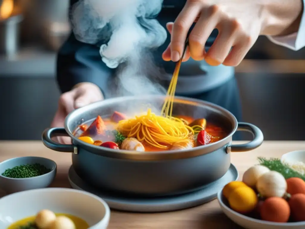 Un chef añade con delicadeza a su bouillabaisse ingredientes secretos en una cocina francesa, resaltando colores vibrantes y texturas