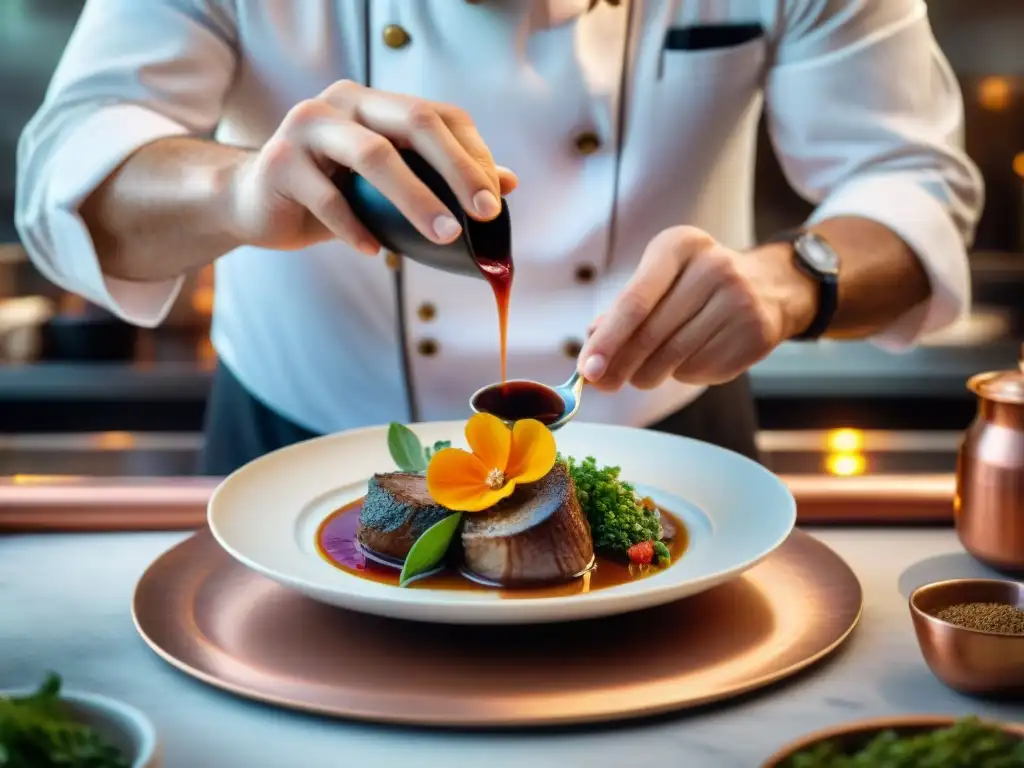 Un chef francés coloca con delicadeza un pétalo comestible sobre un exquisito coq au vin