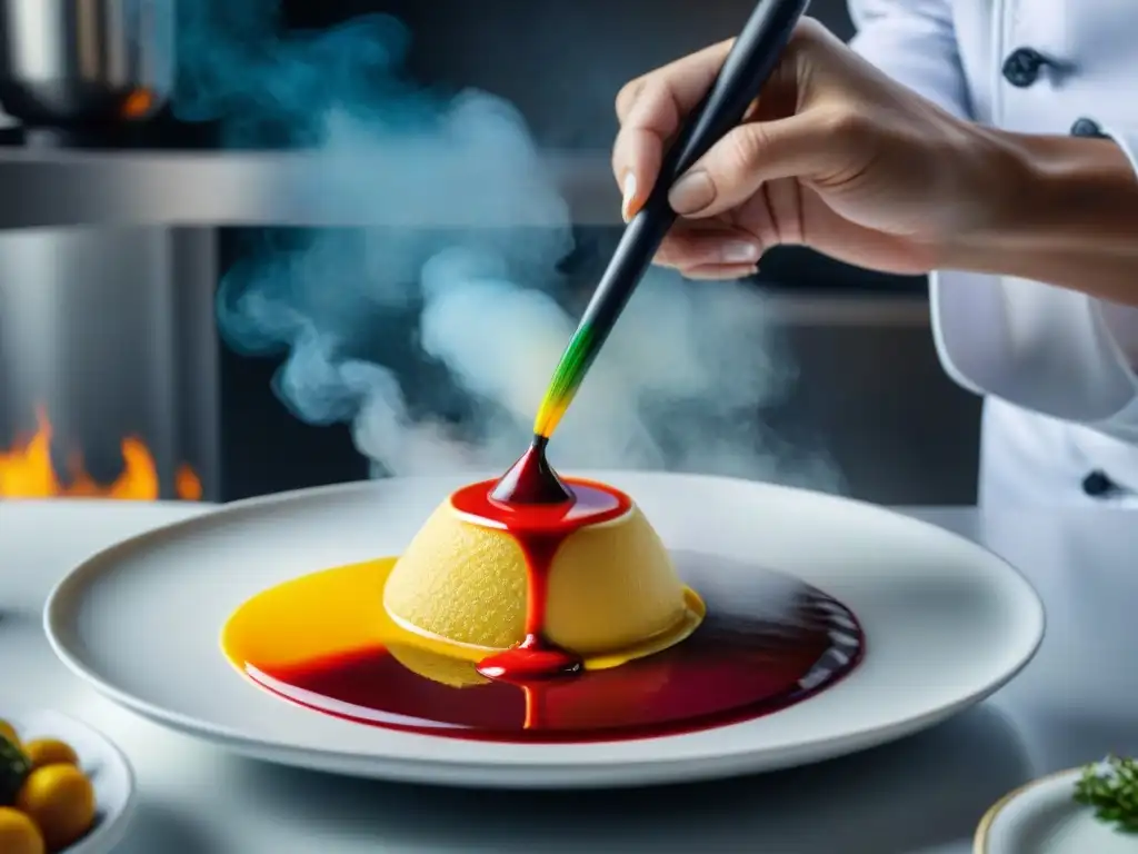 Un chef francés aplica con delicadeza las salsas en un plato blanco, fusionando técnicas culinarias y arte