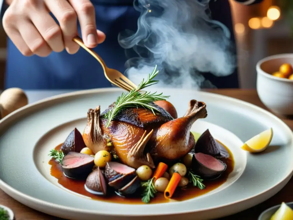 Un chef esparciendo con delicadeza tomillo fresco sobre un Coq au Vin, en una cocina francesa con hierbas y especias