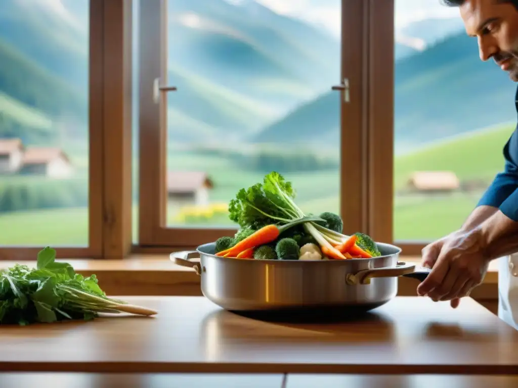 Un chef prepara con delicadeza verduras alpinas en cocina francesa, resaltando frescura y variedad