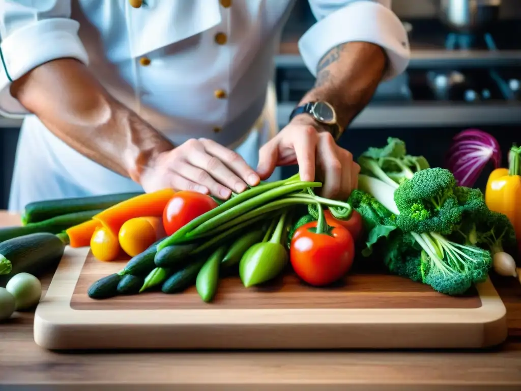 Un chef organiza con delicadeza verduras coloridas en una tabla de madera, reinventando recetas francesas balanceadas