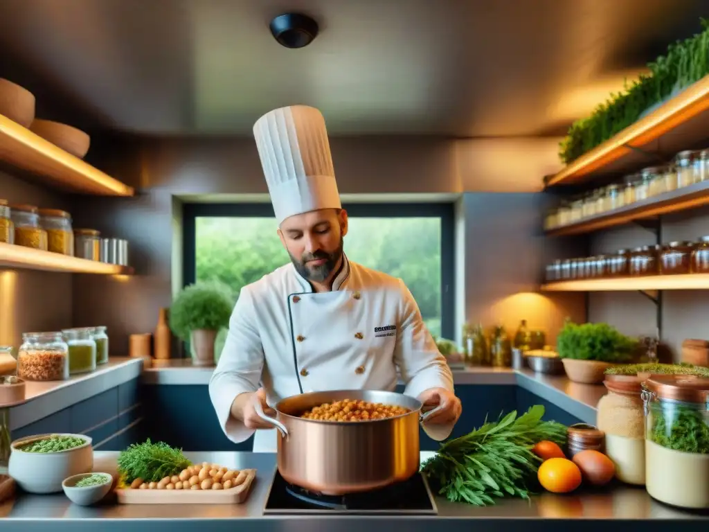 Un chef prepara un delicioso cassoulet en una cocina francesa tradicional