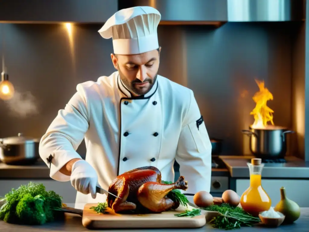 Un chef francés deshuesa un pollo en una cocina tradicional, resaltando la ciencia y la gastronomía francesa