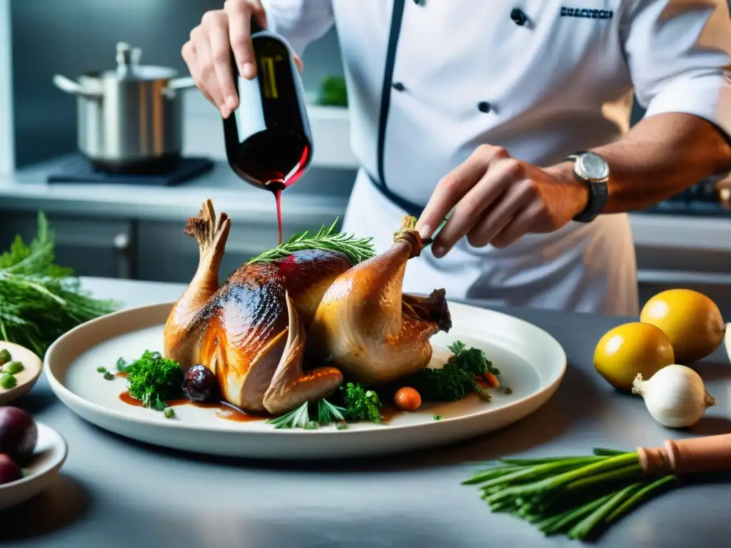 Un chef francés deshuesa un pollo rodeado de hierbas frescas y vino tinto