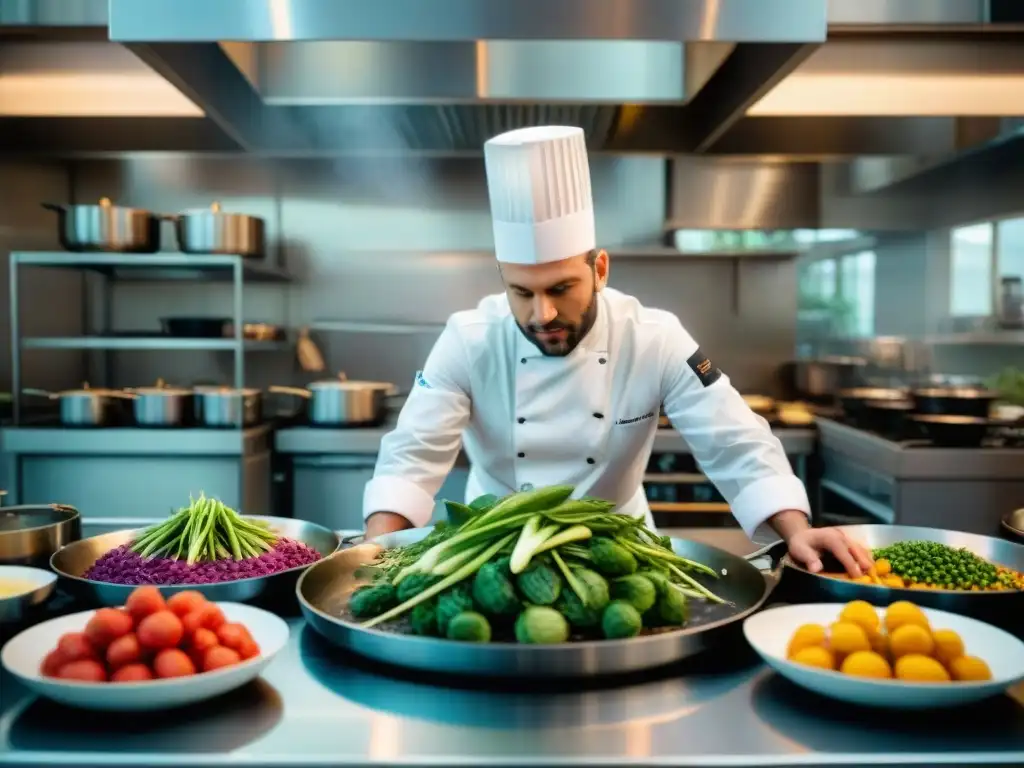 Chef francés lucha contra el desperdicio alimentario en cocina sostenible con vegetales coloridos