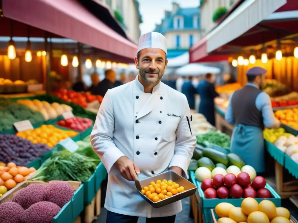 Chef francés lucha desperdicio alimentario en mercado parisino, seleccionando ingredientes frescos y coloridos con determinación