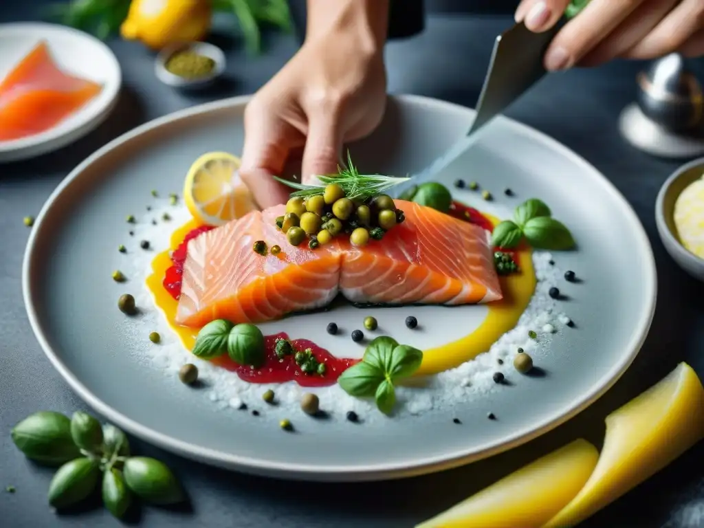 Un chef francés prepara con destreza un Carpaccio de Salmón en una cocina elegante