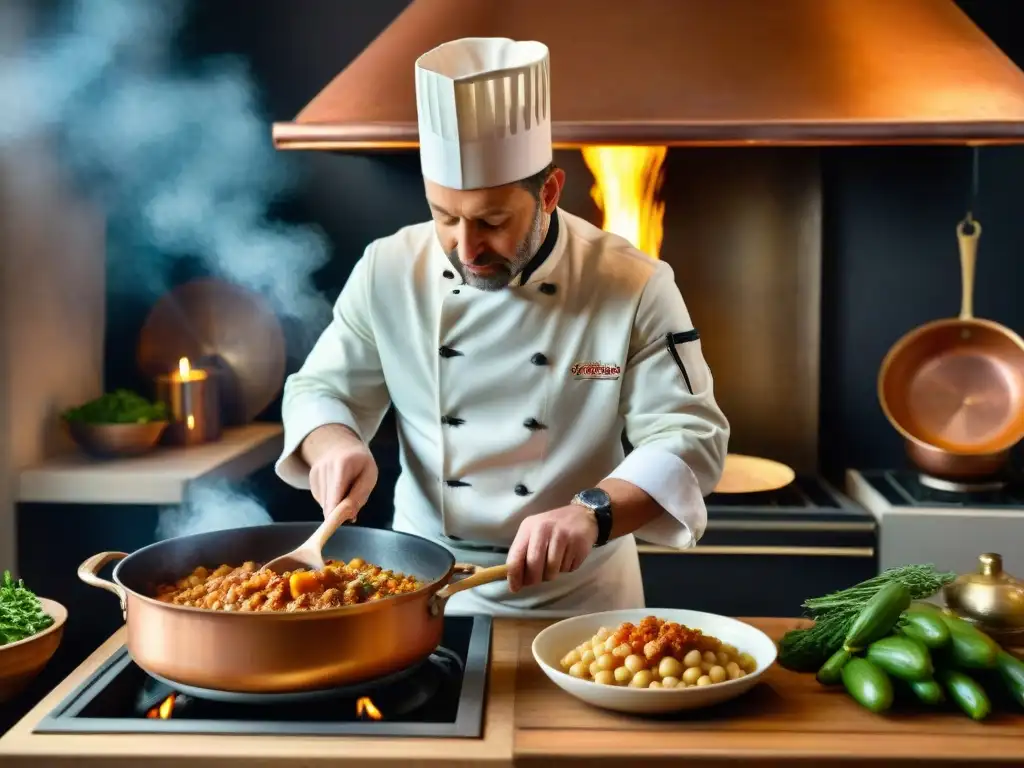 Un chef francés prepara con destreza un cassoulet en una cocina tradicional, reflejando la receta tradicional francesa