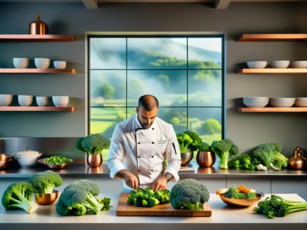 Un chef francés prepara con destreza brócoli en una cocina sofisticada