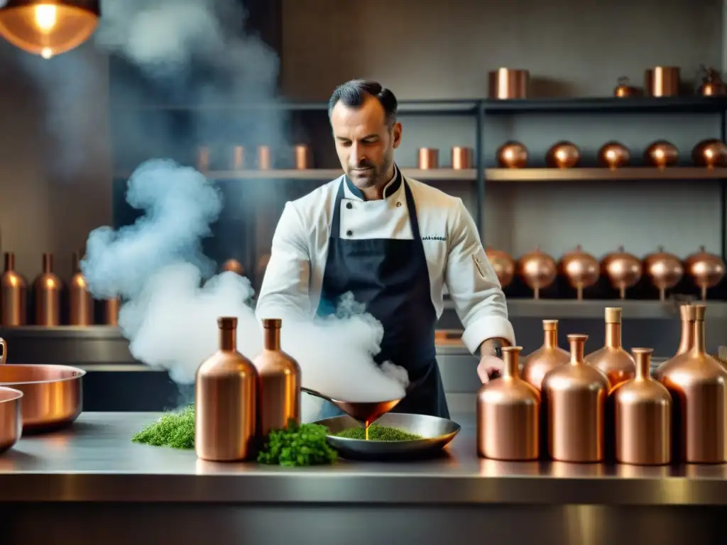 Un chef francés destila con destreza Marc de Bourgogne en una cocina tradicional llena de detalles y aromas: destilado francés