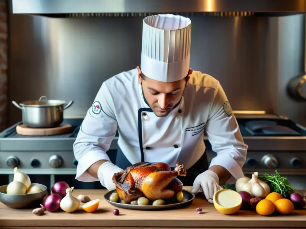 Un chef francés prepara con destreza un Coq au Vin en una cocina clásica, rodeado de ingredientes frescos