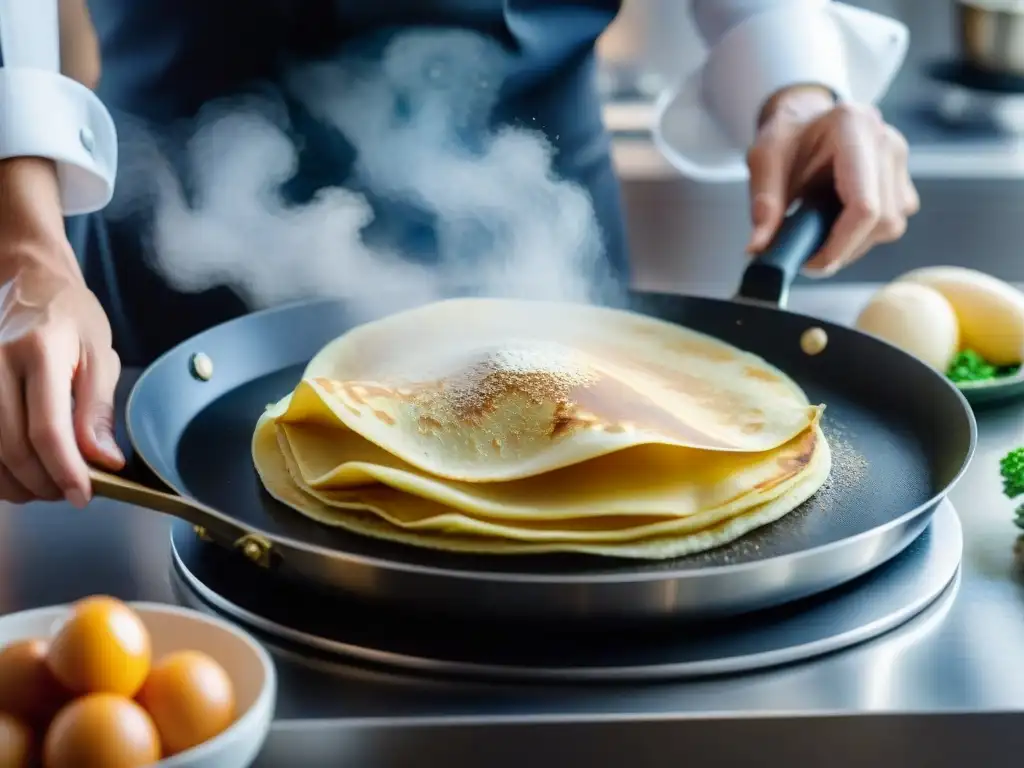 Un chef hábil con destreza voltea un crepe vegano en una sartén, mostrando la maestría de hacer crepes veganos receta fácil