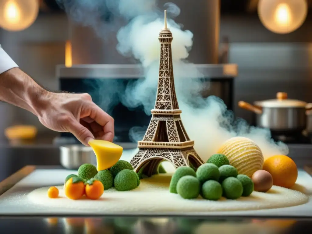 Un chef francés crea con destreza una escultura de azúcar detallada en forma de la Torre Eiffel