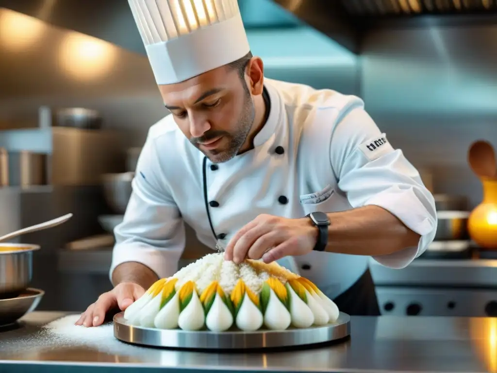 Un chef francés crea con destreza una escultura de azúcar, reflejando la innovación de la gastronomía francesa