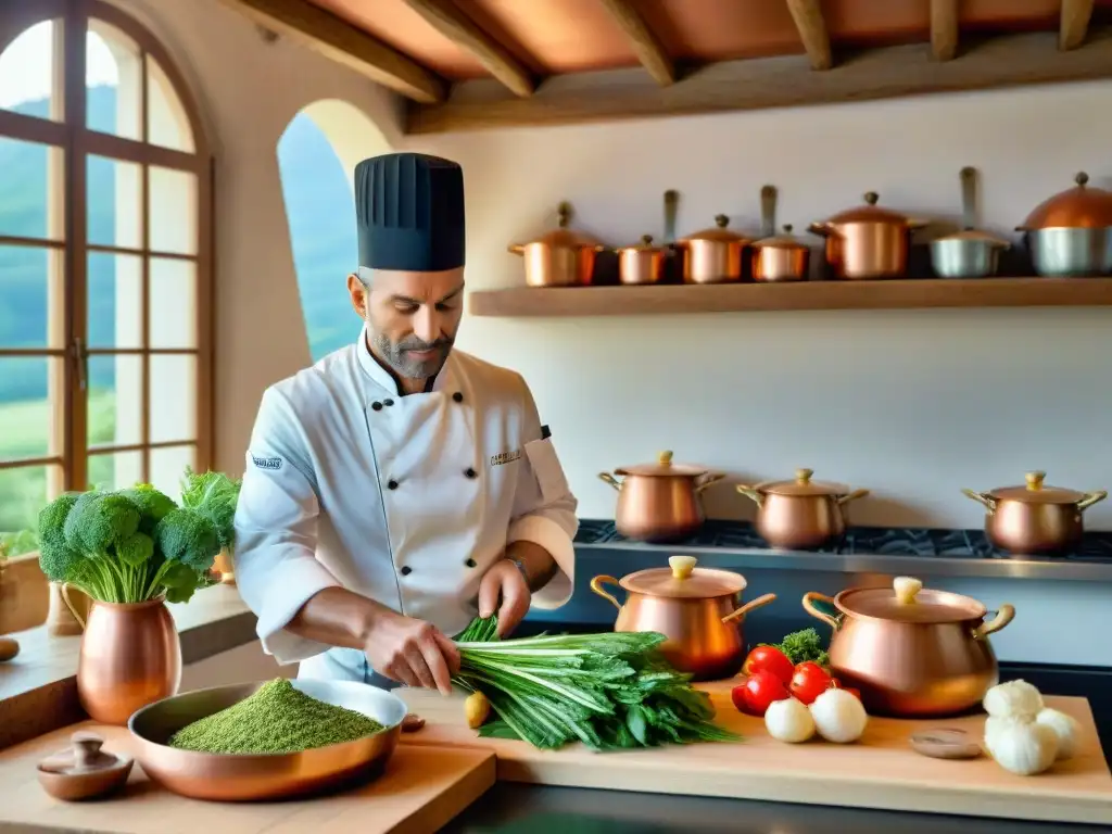 Un chef francés prepara con destreza un exquisito plato en una encantadora cocina con vista a la pintoresca región de la Loira