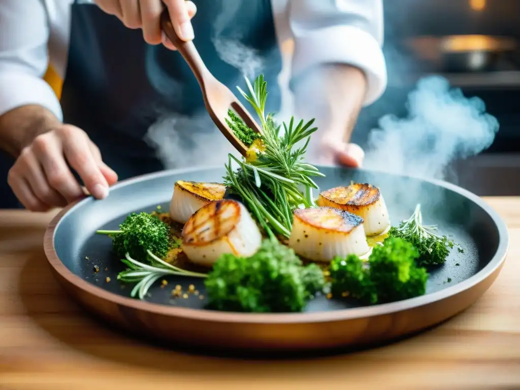 Chef experto sazona vieiras al estilo provenzal Un chef esparciendo con destreza hierbas frescas de Provenza sobre vieiras, reflejando la innovación en la cocina