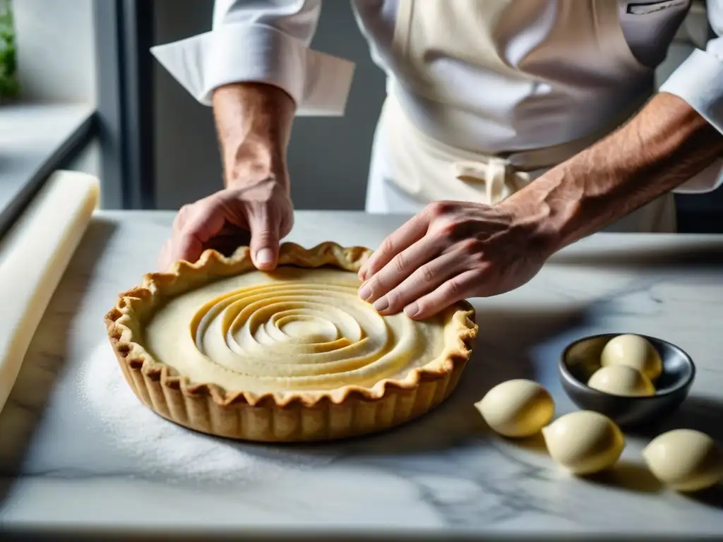 Chef francés preparando con destreza la masa para una receta tradicional quiche francesa en mármol brillante