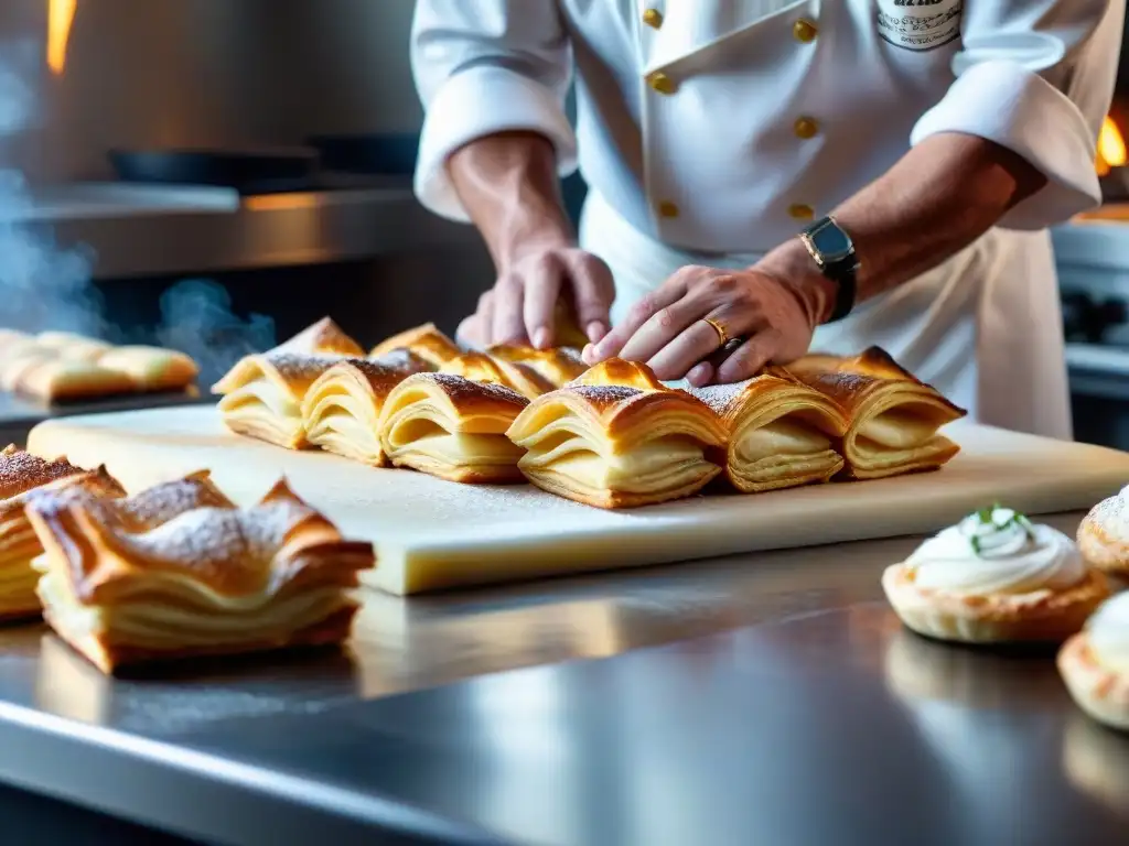 El chef prepara con destreza un millefeuille francés en el concurso de cocina francesa