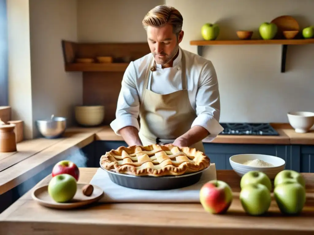 Un chef prepara con destreza una receta tradicional de pastel de manzana normando en una cocina rústica francesa