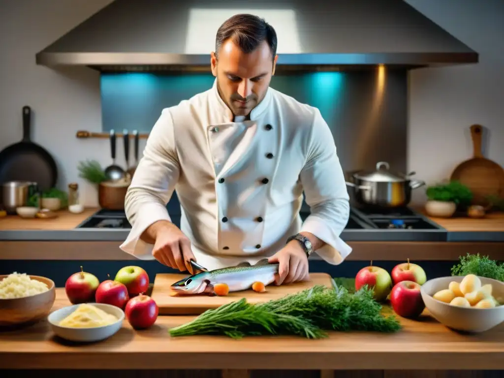 Un chef francés prepara con destreza una receta de Trucha a la Normanda rodeado de ingredientes frescos en una cocina rústica iluminada cálidamente