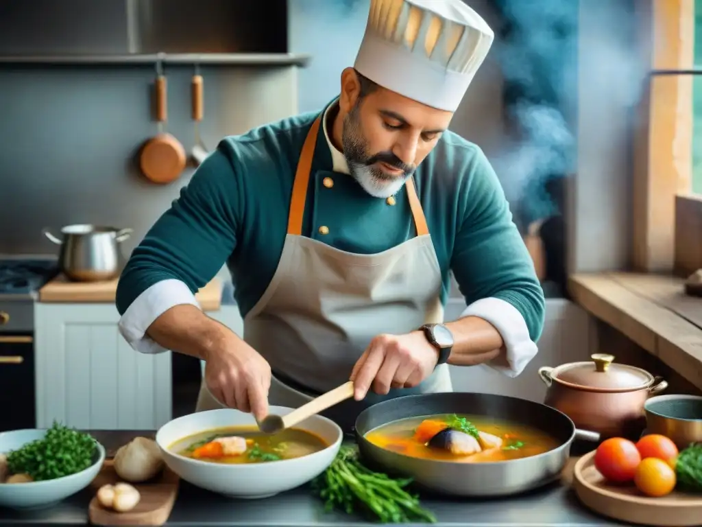 Un chef prepara con destreza una sopa de pescado bretona en una cocina rústica en Bretaña, Francia