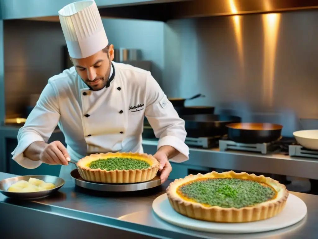 Un chef prepara con destreza una Tarta Flamiche de Puerros y Pescado en una cocina francesa tradicional