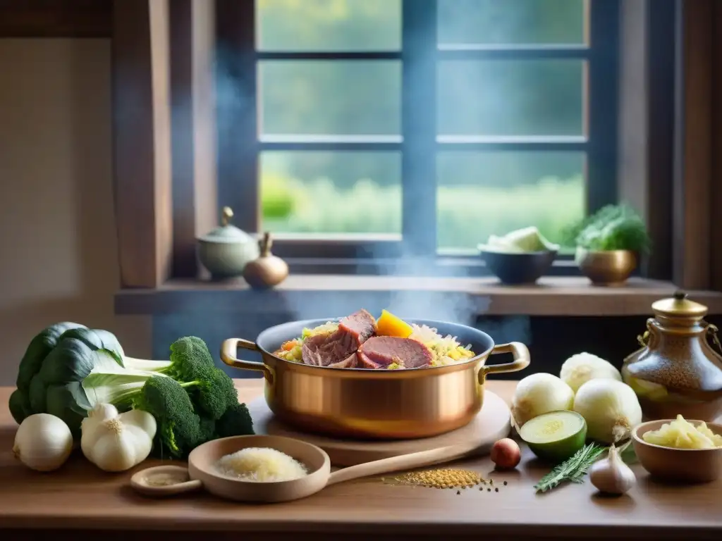 Un chef prepara con detalle una Choucroute Garnie en una cocina alsaciana, resaltando la receta Choucroute Garnie Alsacia