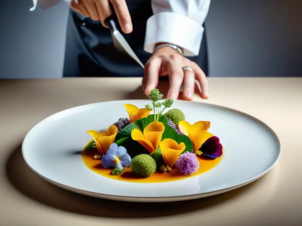 Un chef coloca con detalle flores comestibles en un exquisito plato de menús gastronomía francesa innovadores