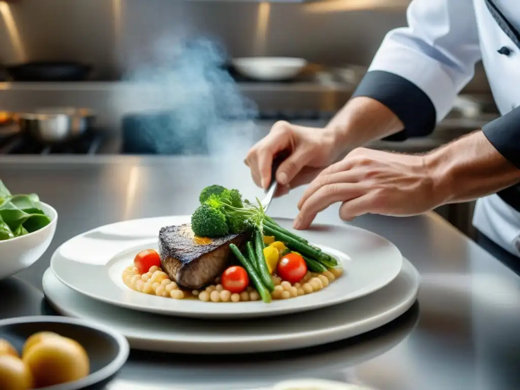 Un chef francés prepara con detalle plato gourmet en cocina moderna, destacando nutrición gourmet para deportistas francesa