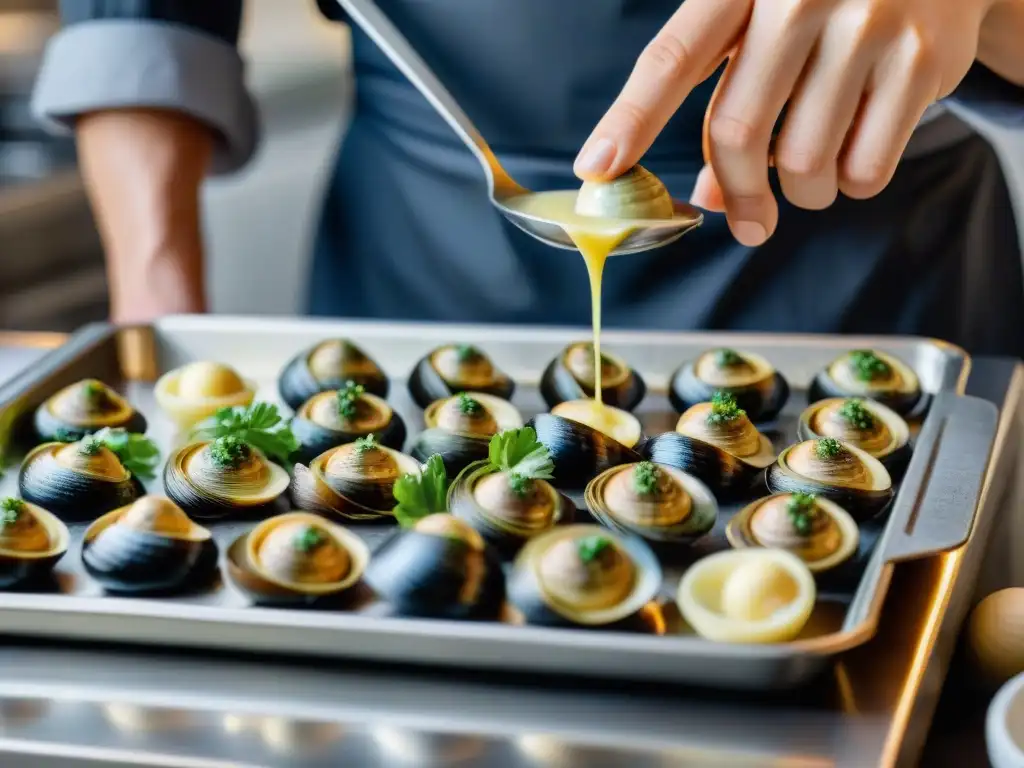 Preparación de Escargots a la Lorraine: Arte culinario moderno Chef preparando con detalle la receta tradicional escargots a Lorraine en cocina moderna
