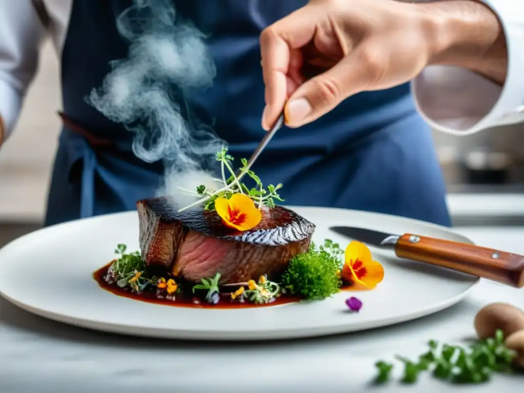 Un chef francés detallista decora un Coq au Vin con flores comestibles y microgreens