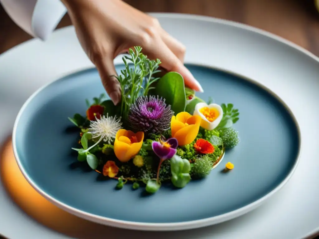 Un chef detallista arregla flores comestibles en un plato francés, fusionando tradición con modernidad