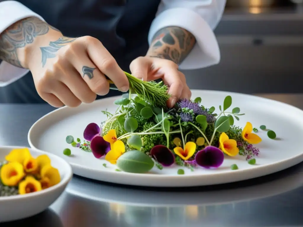 Un chef hábil y detallista arregla microgreens y flores comestibles en un plato con precisión artística en una cocina profesional