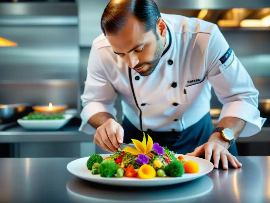 Un chef francés detallista ensambla un plato en cocina de alta gama