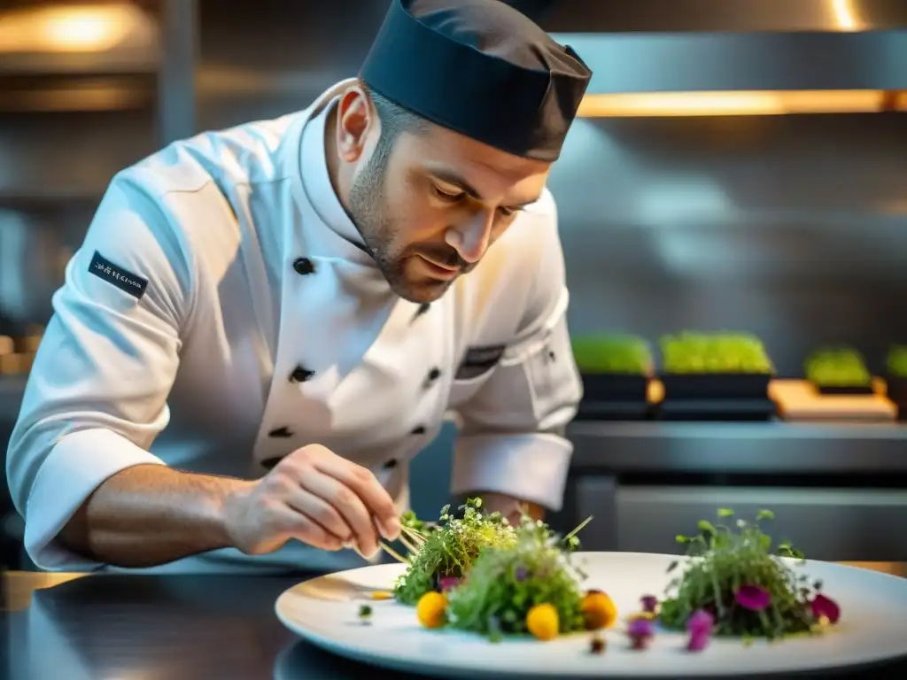 Un chef francés detallista plato exquisito en cocina de alta gama