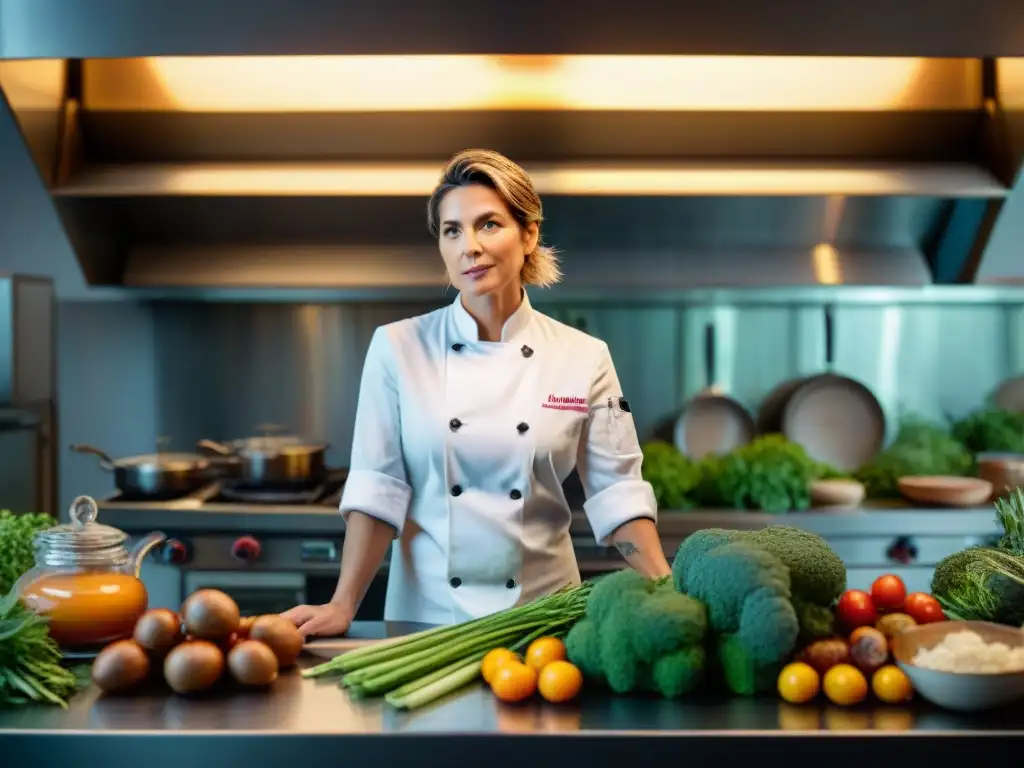 Chef Dominique Crenn creando innovaciones culinarias en gastronomía francesa, rodeada de ingredientes frescos y locales en su cocina