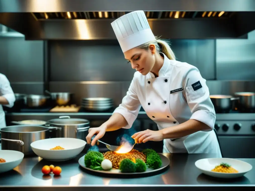 Chef Dominique Crenn liderando con pasión en su cocina estrellada Michelin, inspirando al equipo de chefs jóvenes en la gastronomía