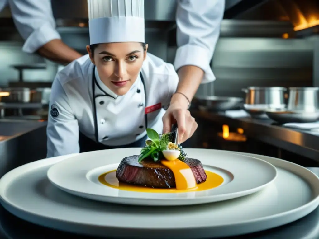 Chef Dominique Crenn en su restaurante de San Francisco, creando innovaciones culinarias en gastronomía francesa