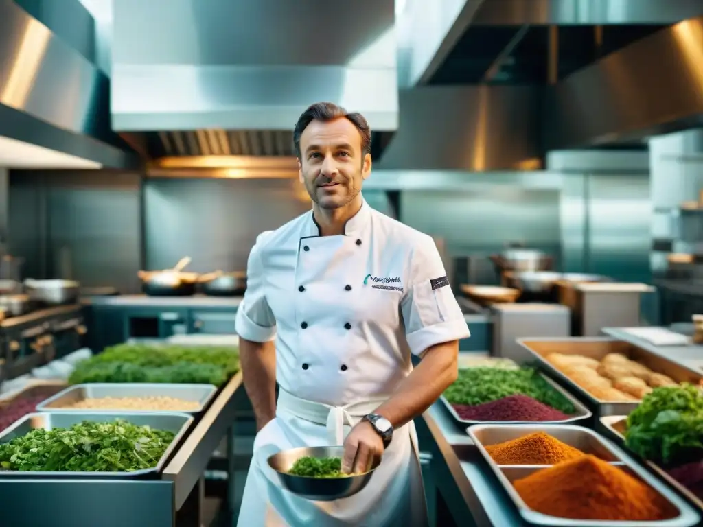 Un chef ecoinnovador en una cocina sostenible, preparando plato francés con ingredientes orgánicos