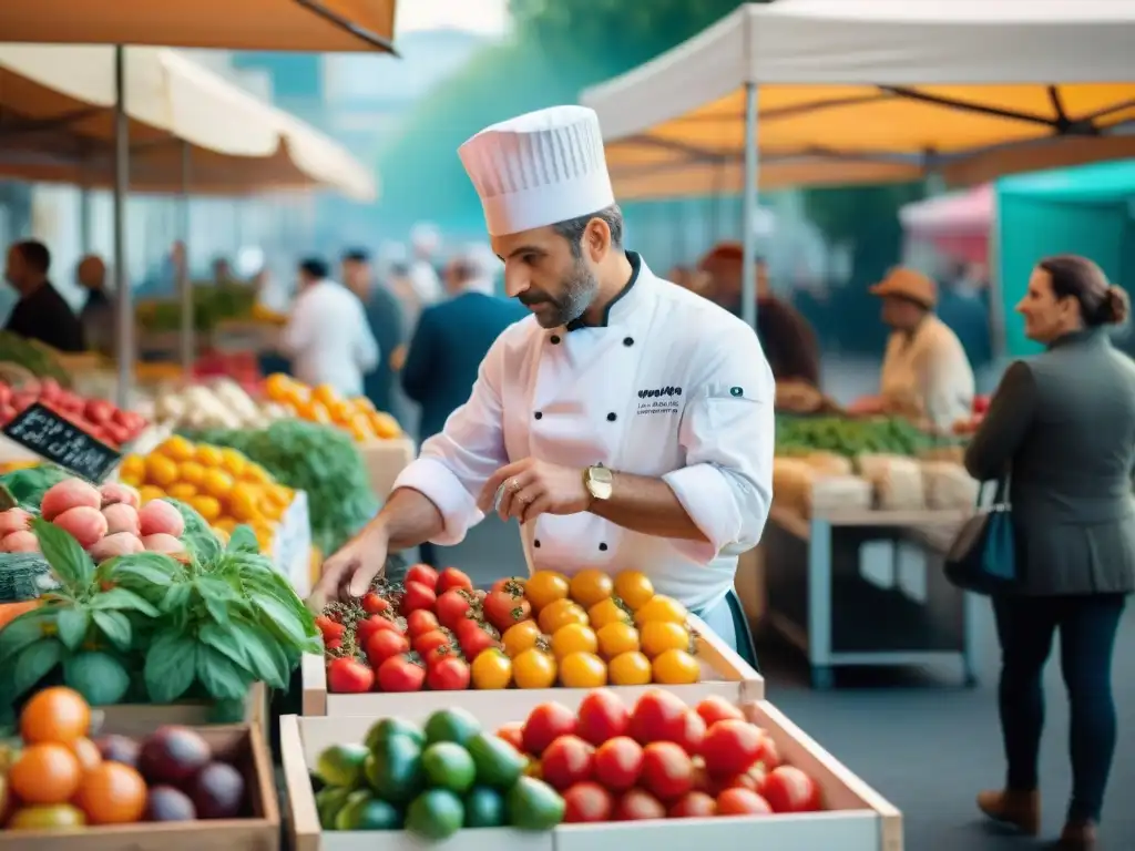 Chef ecoinnovador seleccionando ingredientes frescos en un bullicioso mercado parisino, iluminado por el sol