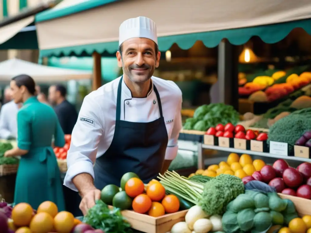 Un chef ecoinnovador en un mercado parisino, seleccionando productos frescos